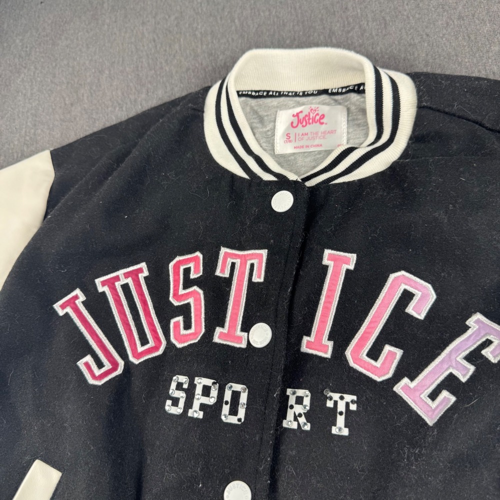 Justice Sport Girls Varsity Jacket Black White Pink Smiley Face Size S 7/8